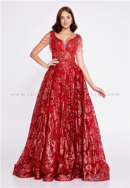 ALİN EXCLUSIVESleeveless Maxi Sequin A - Line Regular Red Prom Dress Aln1548kır