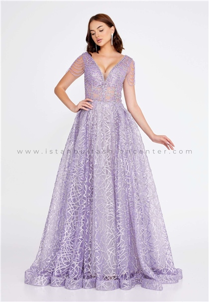 ALİN EXCLUSIVESleeveless Maxi Tulle A - Line Regular Purple Prom Dress Aln1539lav