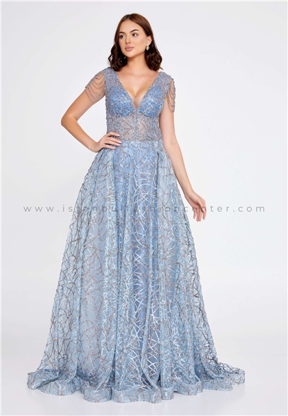 ALİN EXCLUSIVESleeveless Maxi Tulle A - Line Regular Blue Prom Dress Aln1539ınd