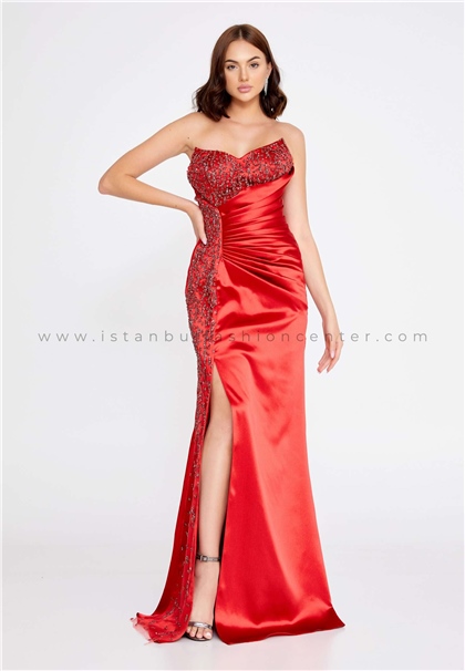 ALİN EXCLUSIVEStrapless Maxi Satin Column Regular Red Wedding Dress Aln1553kır