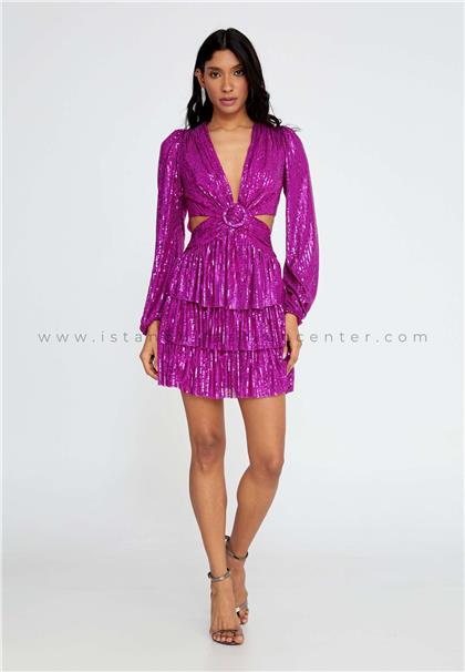 ALİNCELong Sleeve Mini Sequin Column Regular Fuchsia Cocktail Dress Ale1681fus