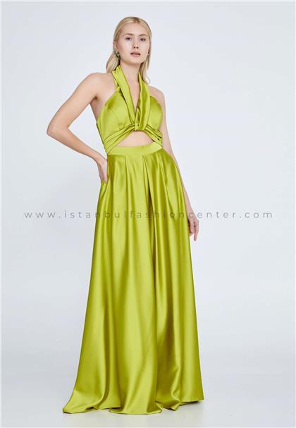 ALİNCESleeveless Maxi Satin Column Regular Green Evening Dress Ale1506fys