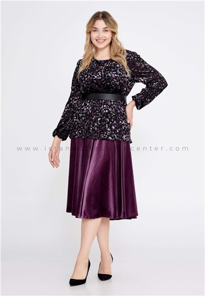 ARIALong Sleeve Velvet Geometric Plus Size Purple Two-Piece Outfit Aot520-78mor