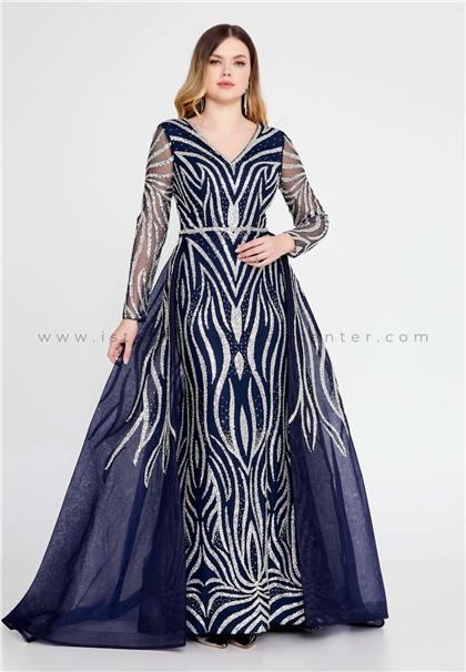 ARIANO HAUTE COUTURELong Sleeve Maxi Tulle Mermaid Regular Navy Prom Dress Arı4102lac