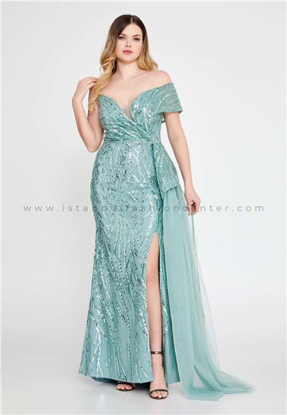 ARIANO HAUTE COUTUREOff Shoulder Maxi Sequin Mermaid Regular Green Wedding Guest Dress Arı4101mın