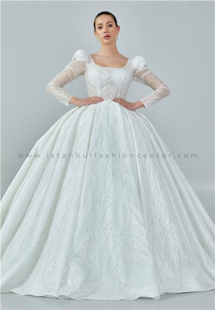 BAŞOĞLU BRIDALLong Sleeve Maxi Sequin Regular Ecru Wedding Dress Bsd116-9703kıb