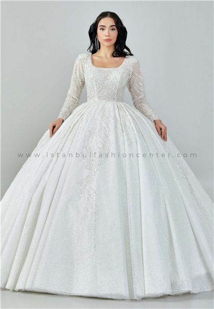 BAŞOĞLU BRIDALLong Sleeve Maxi Sequin Regular Ecru Wedding Dress Bsd108-1445kıb