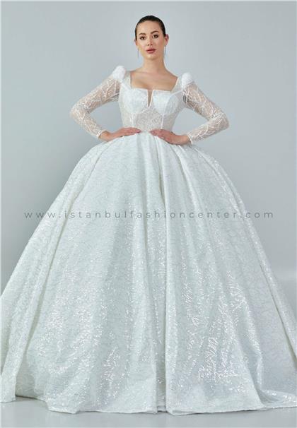 BAŞOĞLU BRIDALLong Sleeve Maxi Sequin Regular Ecru Wedding Dress Bsd116-9726kıb