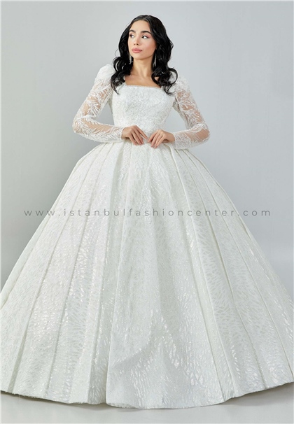 BAŞOĞLU BRIDALLong Sleeve Maxi Tulle Regular Ecru Wedding Dress Bsd113-2332kıb