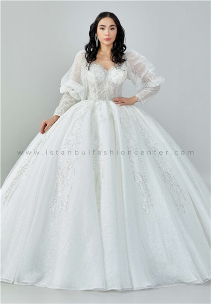 BAŞOĞLU BRIDALLong Sleeve Maxi Tulle Regular Ecru Wedding Dress Bsd100-2440kıb