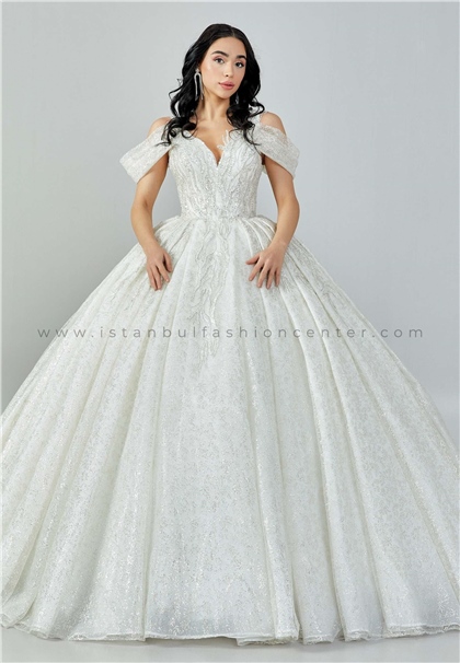 BAŞOĞLU BRIDALOff Shoulder Maxi Tulle Regular Ecru Wedding Dress Bsd100-2425kıb