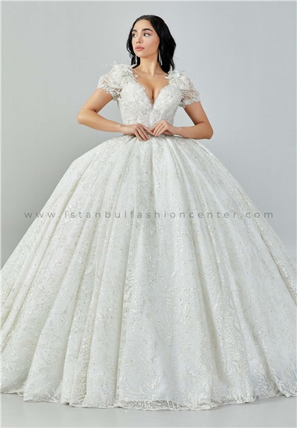 BAŞOĞLU BRIDALShort Sleeve Maxi Sequin Regular Ecru Wedding Dress Bsd100-2443kıb