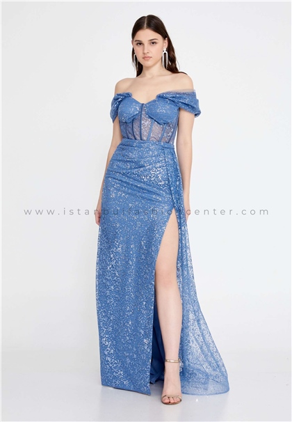 BELLAMARE FASHIONOff Shoulder Maxi Tulle A - Line Regular Blue Wedding Guest Dress Blm759ınd