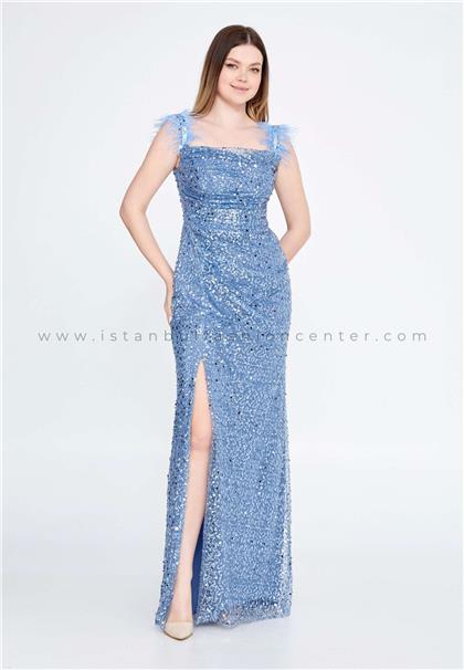 BELLAMARE FASHIONOff Shoulder Maxi Tulle Mermaid Regular Blue Wedding Guest Dress Blm820ınd