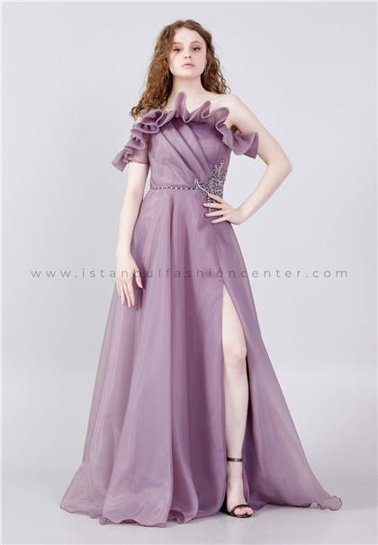BELLAMARE FASHIONShort Sleeve Maxi Tulle A - Line Regular Purple Prom Dress Blm845lıl