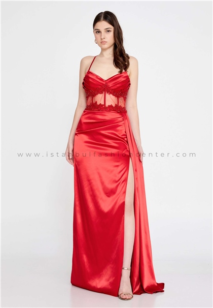 BELLAMARE FASHIONSleeveless Maxi Satin Mermaid Regular Red Wedding Guest Dress Blm760kır