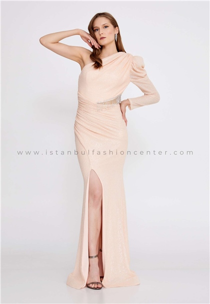 BELLİSSELong Sleeve Maxi Sequin Mermaid Regular Pink Prom Dress Bel4598som