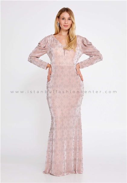 BELLİSSELong Sleeve Maxi Sequin Mermaid Plus Size Pink Wedding Dress Bel4590pud