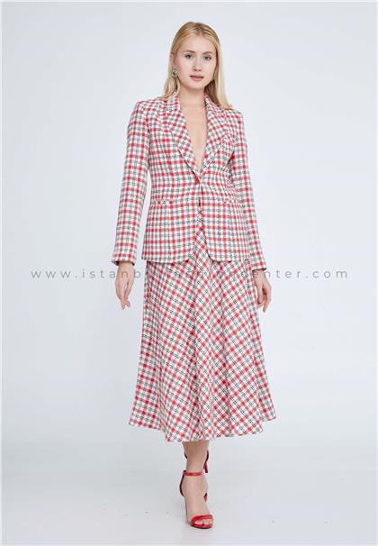 BENA LABENALong Sleeve Linen Plaid Regular Red-Ecru Two-Piece Outfit Bnafx-ce109kır