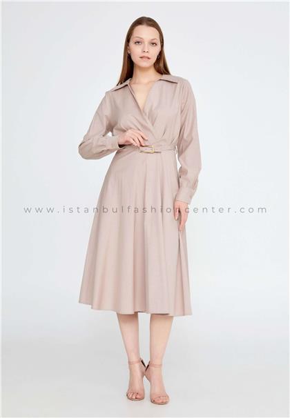 BENA LABENALong Sleeve Midi Polyester Column Regular Beige Casual Dress Bnafx-62083bej