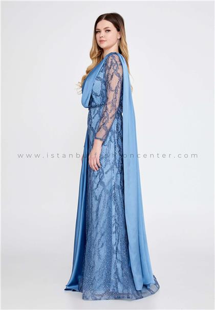 BUQLE DESIGNLong Sleeve Maxi Chiffon Column Regular Blue Prom Dress Bql2425ınd