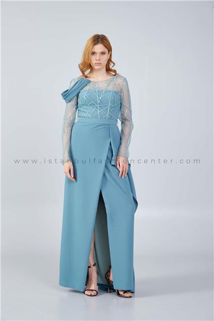 BUQLE DESIGNLong Sleeve Maxi Crepe Column Regular Green Wedding Guest Dress Bql2467kuy