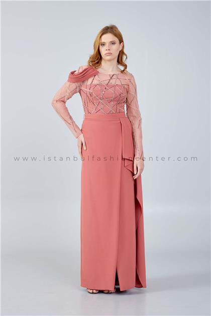 BUQLE DESIGNLong Sleeve Maxi Crepe Column Regular Pink Wedding Guest Dress Bql2467kar