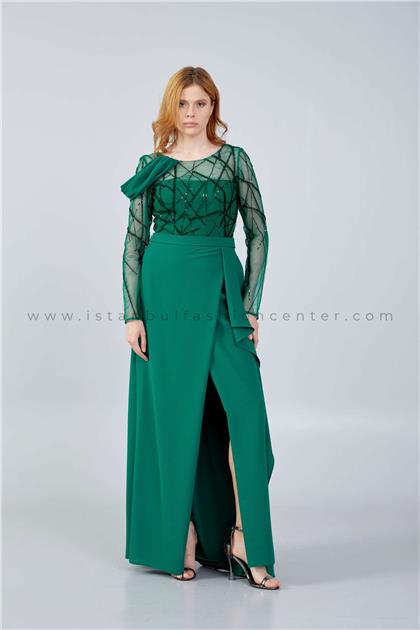 BUQLE DESIGNLong Sleeve Maxi Crepe Column Regular Green Wedding Guest Dress Bql2467zum