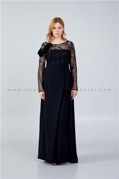 BUQLE DESIGNLong Sleeve Maxi Crepe Column Regular Black Wedding Guest Dress Bql2467syh