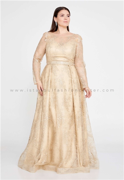 BUQLE DESIGNLong Sleeve Maxi Lace A - Line Plus Size Gold Prom Dress Bql2471gld