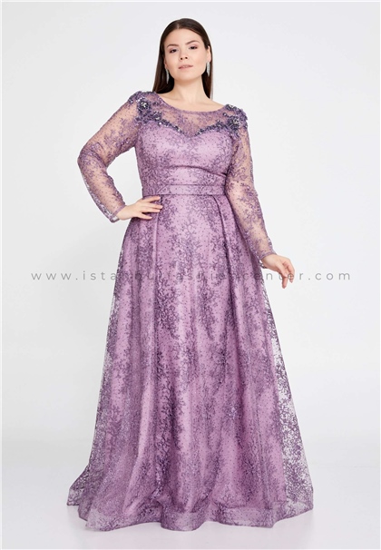 BUQLE DESIGNLong Sleeve Maxi Lace A - Line Plus Size Purple Prom Dress Bql2471lıl