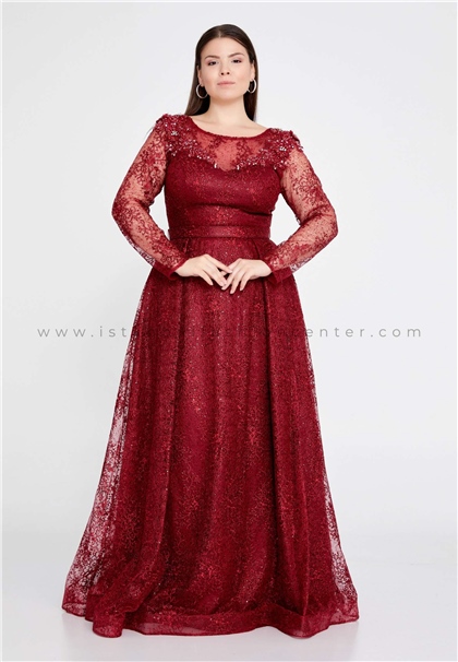 BUQLE DESIGNLong Sleeve Maxi Lace A - Line Plus Size Burgundy Prom Dress Bql2471bor
