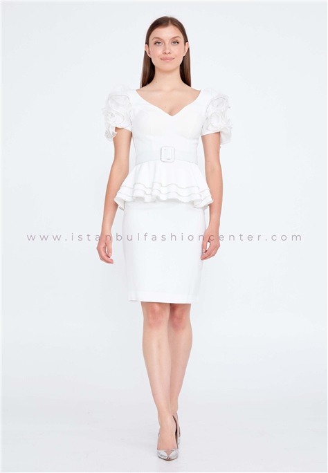BUTİK DAYI Short Sleeve Mini Crepe Two Piece Regular White Cocktail Dress Bdy28402-802kre
