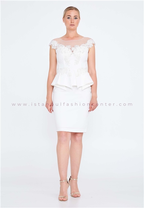 BUTİK DAYI Short Sleeve Mini Crepe Two Piece Regular White Cocktail Dress Bdy28430-802kre