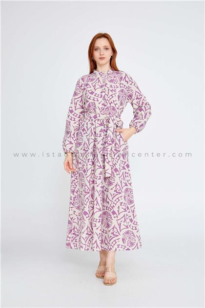 ÇAĞRI İPEKMid-Length Maxi Linen Column Regular Beige-Purple Casual Dress Cgr6337kn3