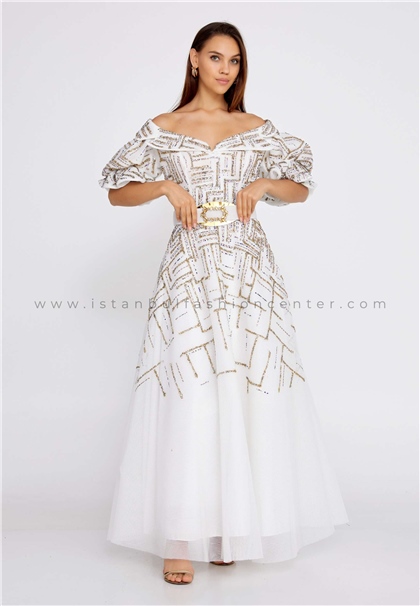 CARAMELShort Sleeve Maxi Tulle A - Line Regular White Prom Dress Crm22sel0950byz