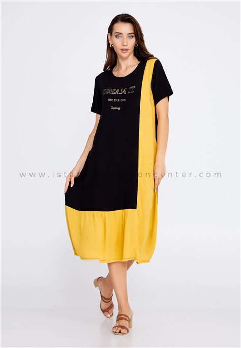 COCOONShort Sleeve Midi Crepe Printed Regular Black-Yellow Lounge Dress Ccnj2-2577har