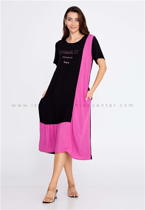 COCOONShort Sleeve Midi Crepe Printed Regular Black-Fuchsia Lounge Dress Ccnj2-2577fus