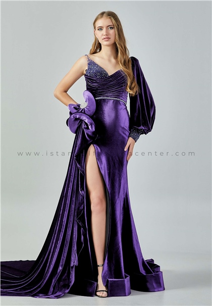DENİSSLong Sleeve Maxi Velvet Regular Purple Engagement Dress Dns3072mor