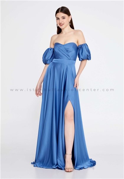 DORİDORCAOff Shoulder Maxi Satin Column Regular Blue Evening Dress Drdkb4062-1ind