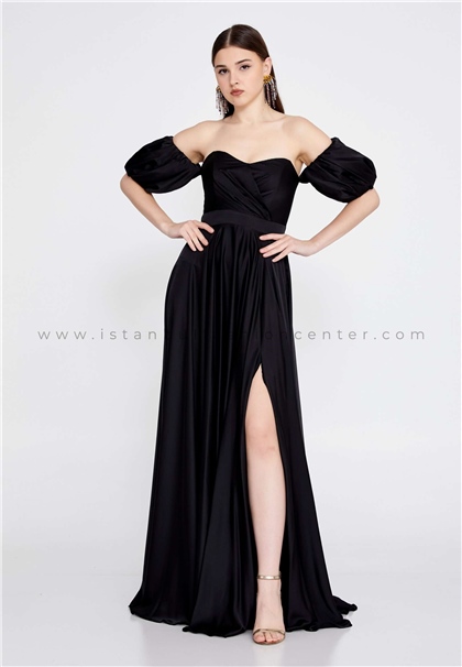 DORİDORCAOff Shoulder Maxi Satin Column Regular Black Evening Dress Drdkb4062-1syh