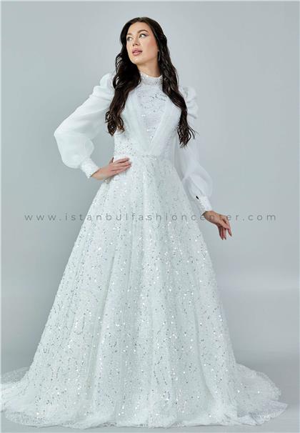 DREAM HOUSELong Sleeve Maxi Sequin Regular Ecru Wedding Dress Dmhm484kıb