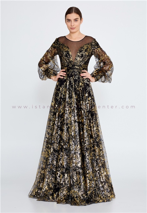 ELYSİON Long Sleeve Maxi Tulle A - Line Regular Black-Gold Evening Dress Ely4045syg
