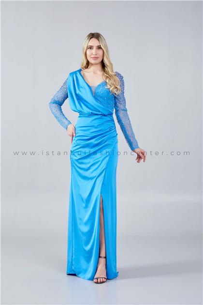 ELYSİONLong Sleeve Maxi Satin Column Regular Blue Evening Dress Ely4438ınd