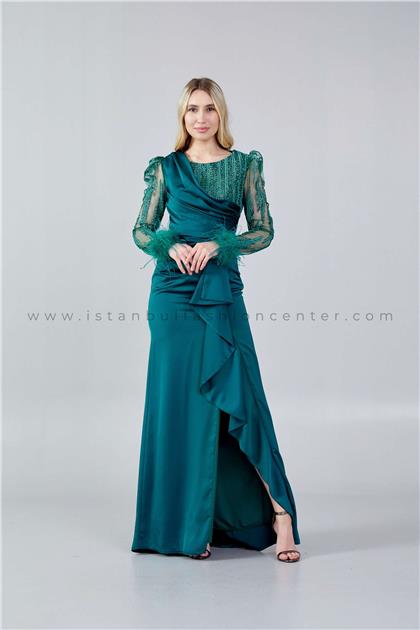 ELYSİONLong Sleeve Maxi Satin Column Regular Green Wedding Guest Dress Ely4437zum