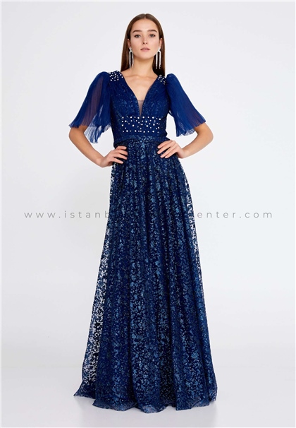 ELYSİONShort Sleeve Maxi Tulle A - Line Regular Navy Prom Dress Ely4443lac