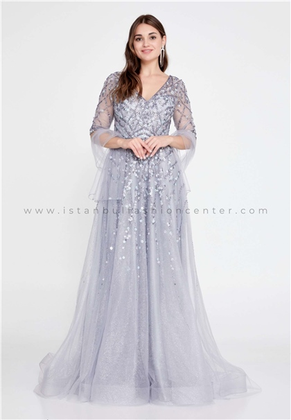 ERENTÜLShort Sleeve Maxi Tulle A - Line Regular Grey-Blue Prom Dress Ern1546grm