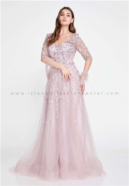 ERENTÜLShort Sleeve Maxi Tulle A - Line Regular Purple Prom Dress Ern1546lıl