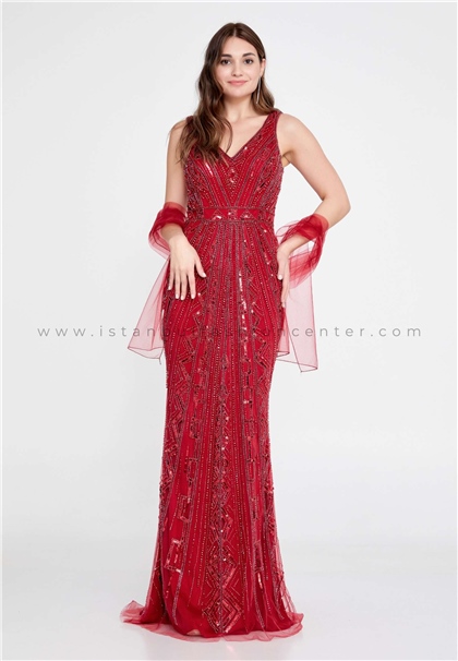 ERENTÜLSleeveless Maxi Sequin Mermaid Regular Red Wedding Guest Dress Ern1518kır