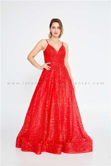 ERENTÜLSleeveless Maxi Tulle A - Line Regular Red Prom Dress Ern1453kır